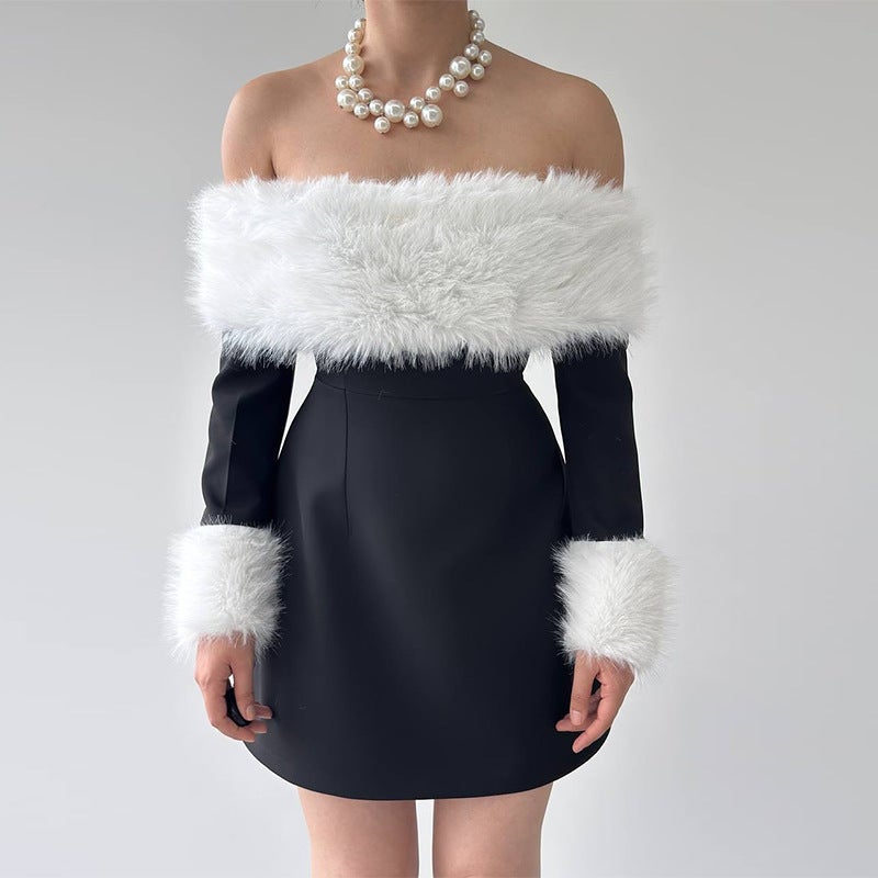 Autumn Export Women'S One-Shoulder Long-Sleeved Furry Black Dress - Image 4