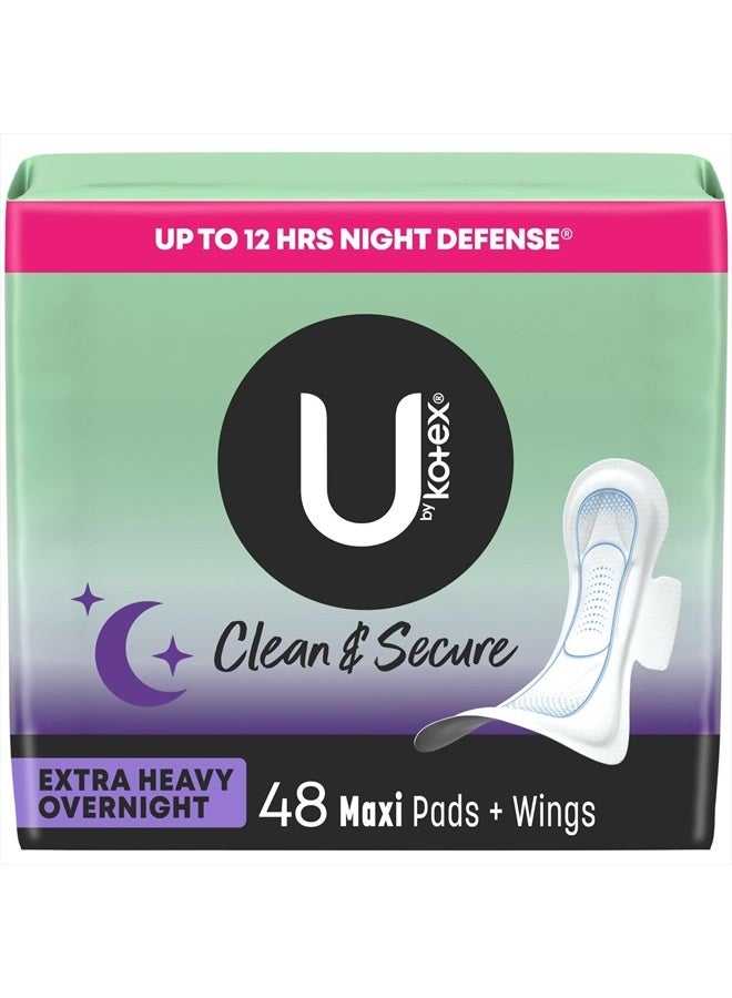 U by Kotex Clean & Secure Overnight Maxi Pads with Wings, Extra Heavy Absorbency, 48 Count (2 Packs of 24) (Packaging May Vary) - Image 1