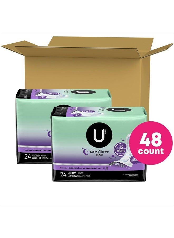 U by Kotex Clean & Secure Overnight Maxi Pads with Wings, Extra Heavy Absorbency, 48 Count (2 Packs of 24) (Packaging May Vary) - Image 2
