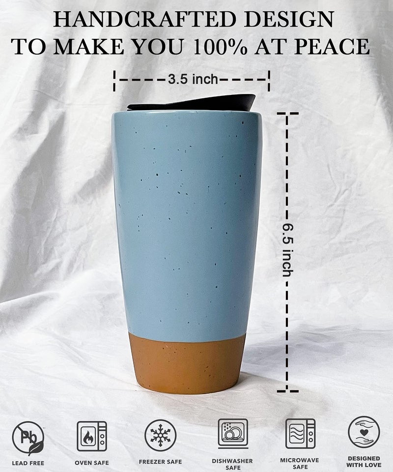 MORA CERAMICS HIT PAUSE Mora Double Wall Ceramic Coffee Travel Mug with Lid, 14 oz, Portable, Microwave, Dishwasher Safe, Insulated Reusable Tall Cup, Splash Resistant Lid - To Go Tumbler for Car Cup Holder, Dusty Blue - Image 2