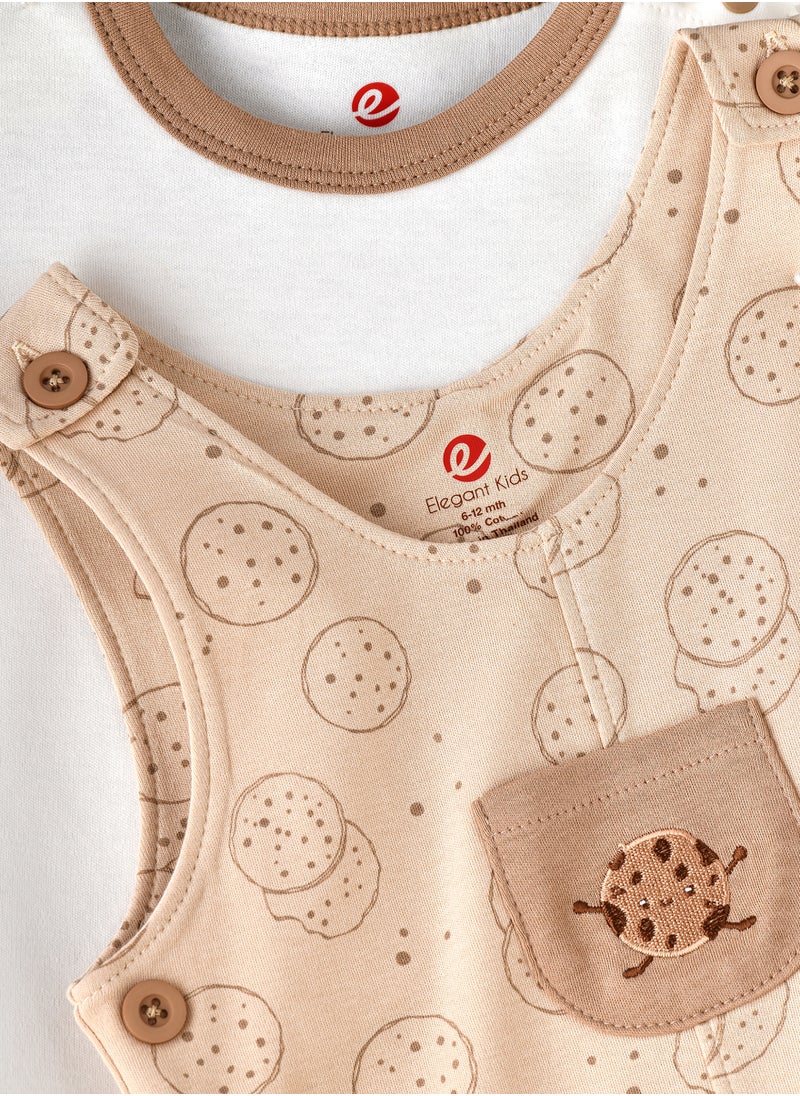 Elegant Kids Baby Beige Romper Set with Cookie Print and White Tee  - Image 3