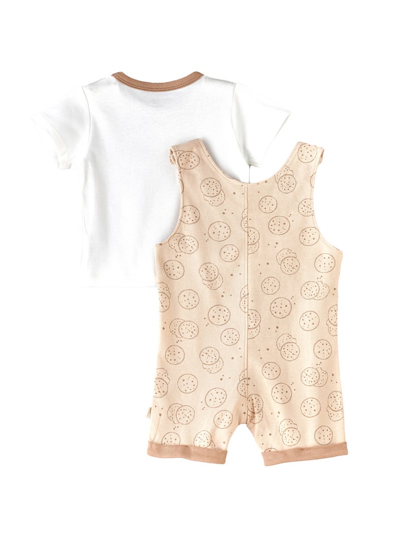 Elegant Kids Baby Beige Romper Set with Cookie Print and White Tee  - Image 2