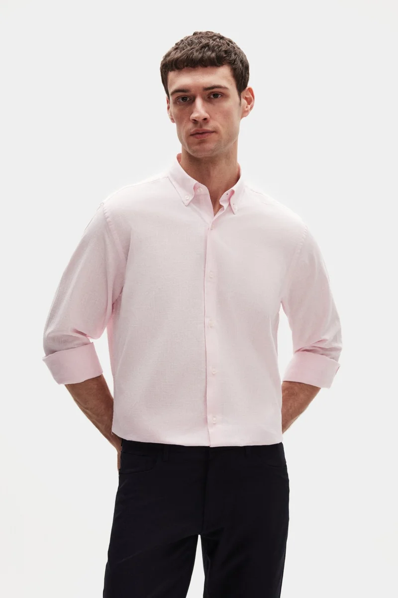 D'S DAMAT Ds Damat Comfort Pink Button-down Collar Relaxed Cut Linen Look 100% Cotton Shirt 2HC02ORT64265