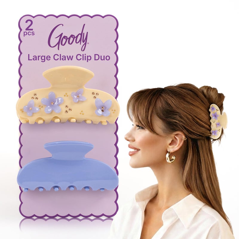 Goody SlideProof Large Claw Clips Stylish Secure Grip Hair Clips Styling Accessories for All Occasions and All Hair Types Gifts for Women Girls White Flowers and Blue 2 Ct - Image 3