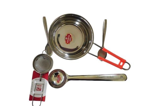 Stainless Steel Tea Set with Milk Pot, Spoon, Ladle, and Chakni  - Image 1