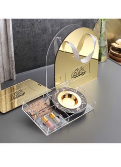 An Incense Burner with Distinctive Arabic Engravings, a Luxurious Bag Made of White and Transparent Acrylic, a Box Containing Natural Oud Chips, and two Packages of a Quarter Tola of Luxurious Musk.