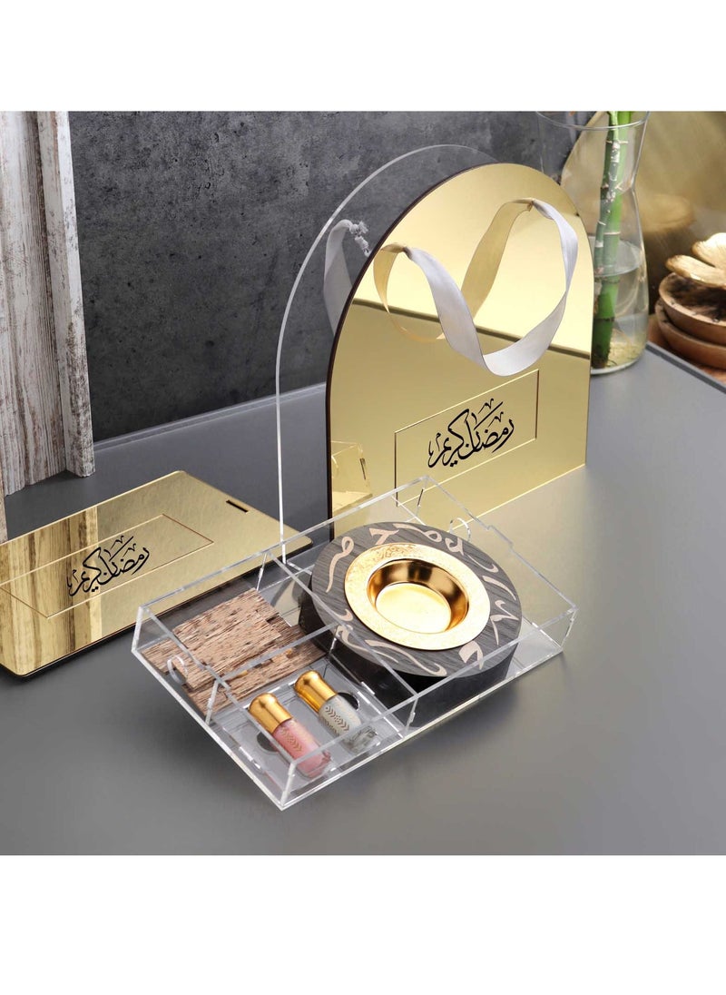 Story Of Candle - An Incense Burner with Distinctive Arabic Engravings, a Luxurious Bag Made of White and Transparent Acrylic, a Box Containing Natural Oud Chips, and two Packages of a Quarter Tola of Luxurious Musk. - Image 1
