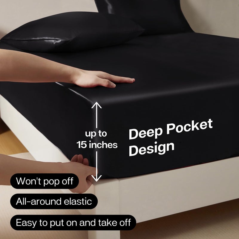 MR&HM Satin Fitted Sheet Queen Size, Silky Bottom Sheet with Elastic Corner Straps, Deep Pocket up to 15 Inch, No More Slipping Off for Mattress - 1 Fitted Sheet Only (Black) - Image 5