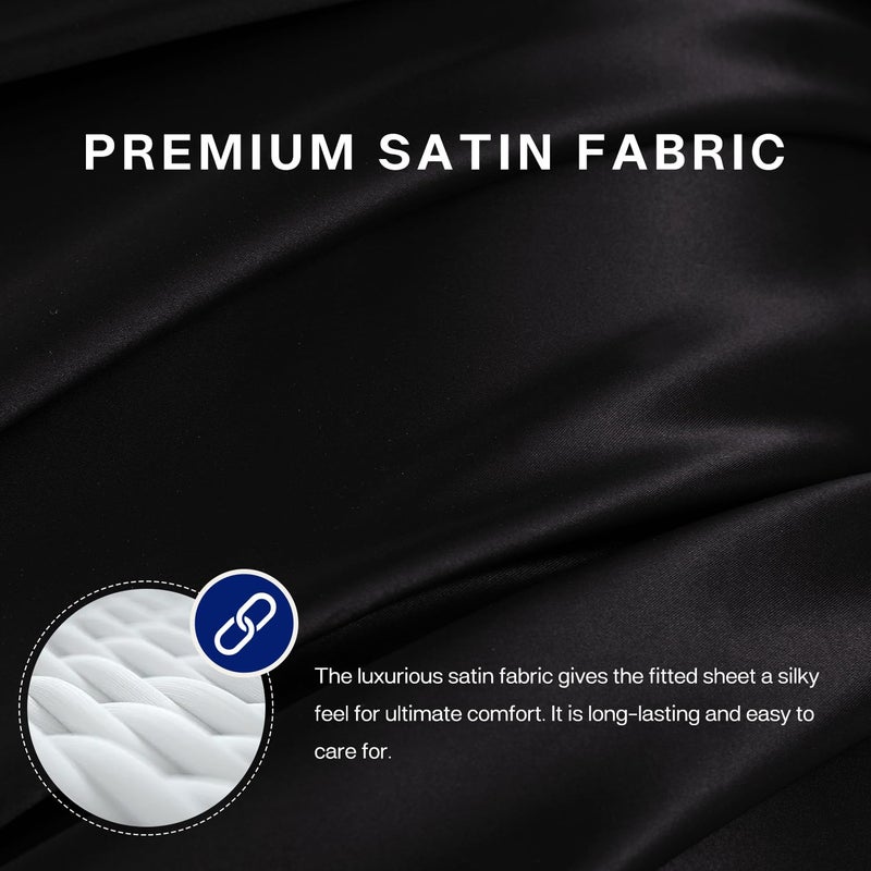 MR&HM Satin Fitted Sheet Queen Size, Silky Bottom Sheet with Elastic Corner Straps, Deep Pocket up to 15 Inch, No More Slipping Off for Mattress - 1 Fitted Sheet Only (Black) - Image 4