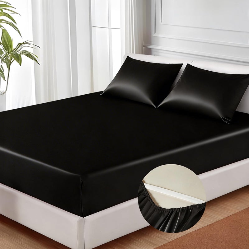 MR&HM Satin Fitted Sheet Queen Size, Silky Bottom Sheet with Elastic Corner Straps, Deep Pocket up to 15 Inch, No More Slipping Off for Mattress - 1 Fitted Sheet Only (Black) - Image 1