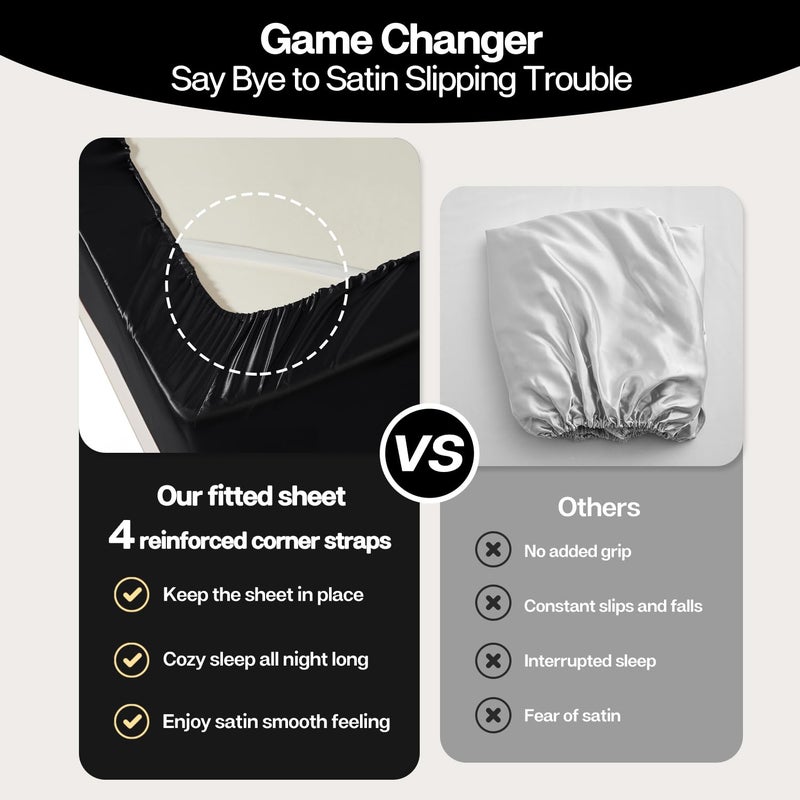 MR&HM Satin Fitted Sheet Queen Size, Silky Bottom Sheet with Elastic Corner Straps, Deep Pocket up to 15 Inch, No More Slipping Off for Mattress - 1 Fitted Sheet Only (Black) - Image 3