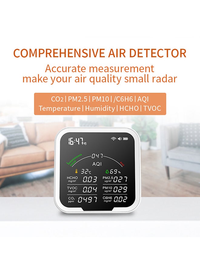 Generic Portable Air Quality Meter HCHO/TVOC/CO2/PM2.5/PM10/AQI/C6H6 Temperature and Humidity Tester 4.8Inch Large Screen Carbon Dioxide Detector with Time Display and Alarm Clock Function  - Image 3