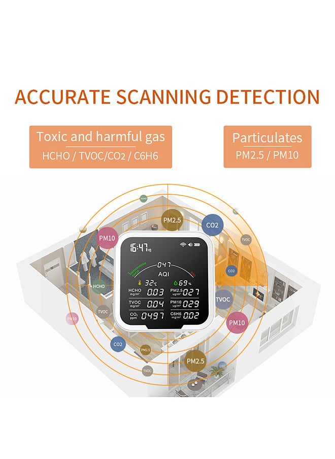 Generic Portable Air Quality Meter HCHO/TVOC/CO2/PM2.5/PM10/AQI/C6H6 Temperature and Humidity Tester 4.8Inch Large Screen Carbon Dioxide Detector with Time Display and Alarm Clock Function  - Image 5