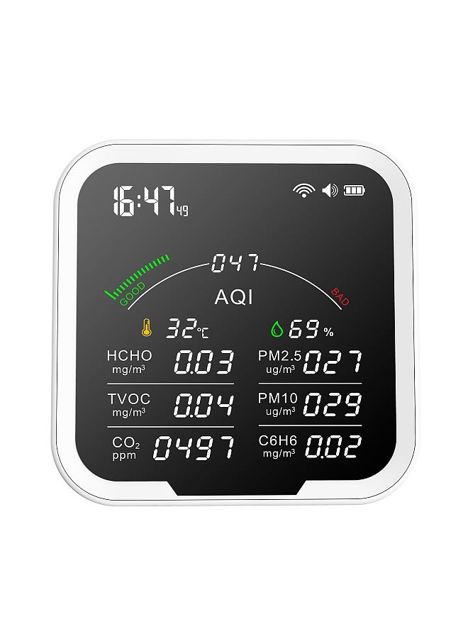 Generic Portable Air Quality Meter HCHO/TVOC/CO2/PM2.5/PM10/AQI/C6H6 Temperature and Humidity Tester 4.8Inch Large Screen Carbon Dioxide Detector with Time Display and Alarm Clock Function  - Image 1