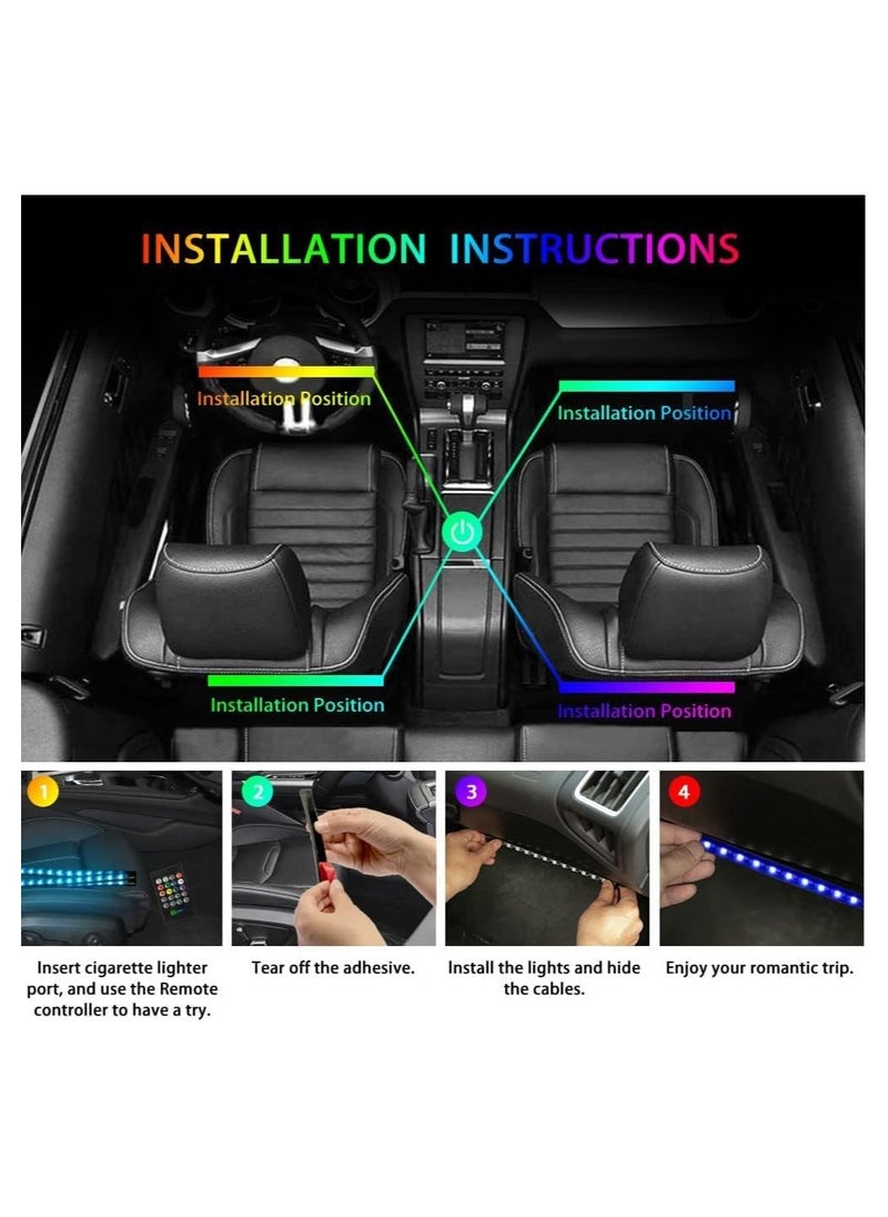 Car Interior Atmosphere Lights LED RGB Multi-color Strip ambient Light Car Decorative Light with Bluetooth Music Sync Remote Control 4pcs 12V 48 LED