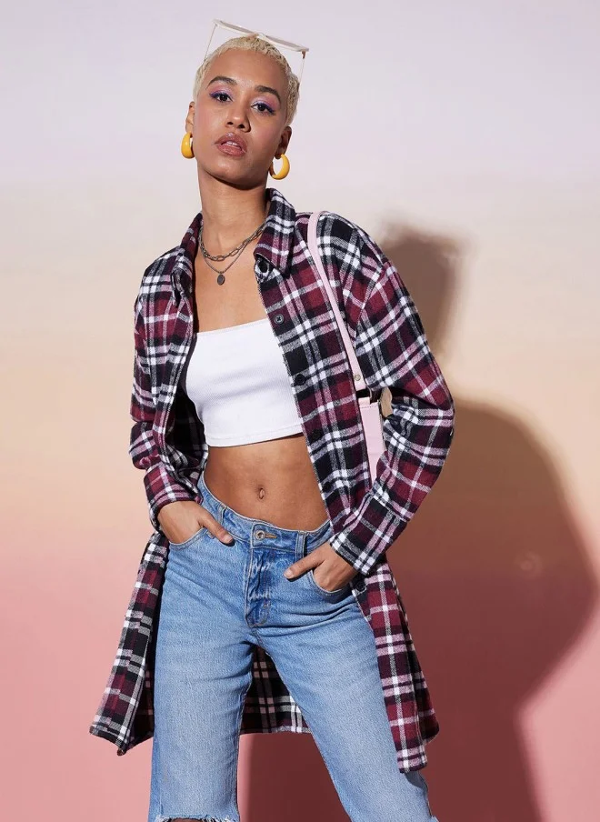 SASSAFRAS Maroon Checked Casual Shirt for Women