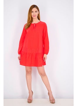 Tchibo Women Tie Neck Long Sleeve Plain Dress, Red  - Image 4