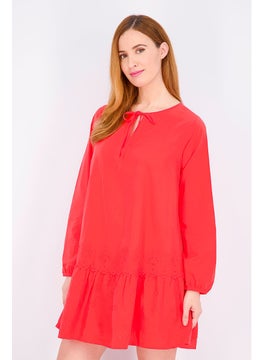 Tchibo Women Tie Neck Long Sleeve Plain Dress, Red  - Image 3