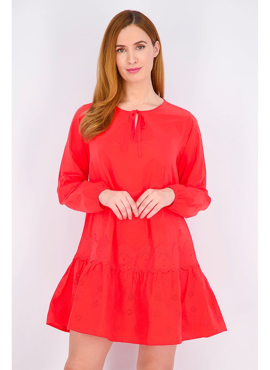 Tchibo Women Tie Neck Long Sleeve Plain Dress, Red  - Image 1