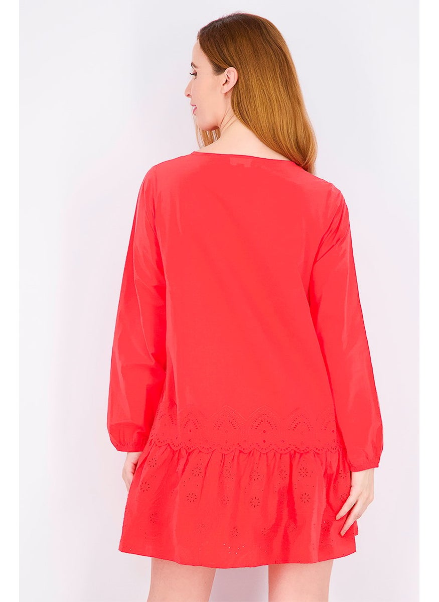 Tchibo Women Tie Neck Long Sleeve Plain Dress, Red  - Image 2