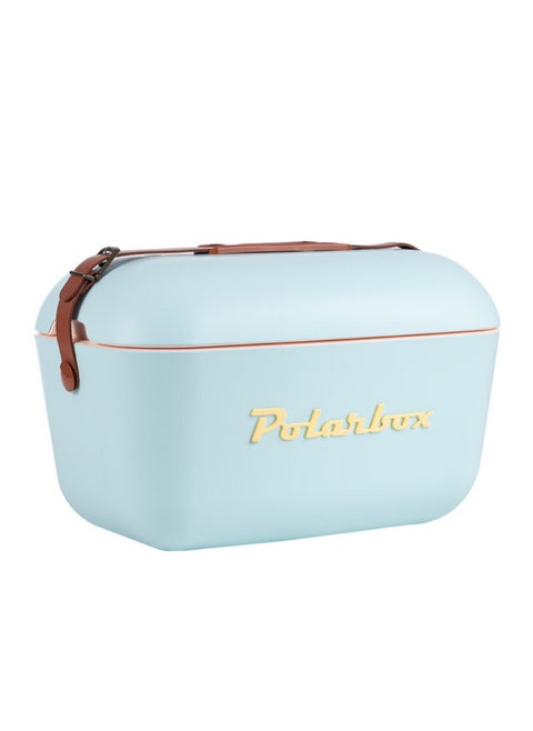 Polarbox® 20 L Ice Box - For Outdoor Use - Portable - For Drinks And Food - Storage Box - Classic - Sky Blue/Yellow Cooler with Brown Leather Strap