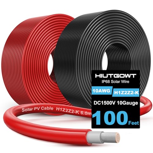 Hiutgowt 2x100FT Solar Panel Wire Solar Cable Solar Wire 10AWG Solar Extension Cable 10 Gauge Tinned Cooper PV Wire for MPPT Controller Home Roofs Boat Marine Automotive RV Camping Solar Panels - Image 1