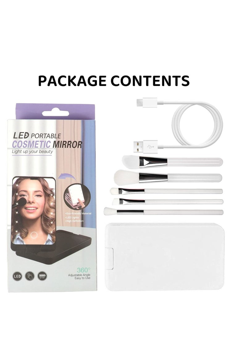 SYOSI - Vanity Mirror with Light Portable Dressing Table Makeup Mirror with 12 LED Lights 5Pcs Brush 360°Adjustable Touch Screen Lighted Desk Mirror 1000 mAh USB Rechargeable Small Shaving Compact Mirror - Image 1