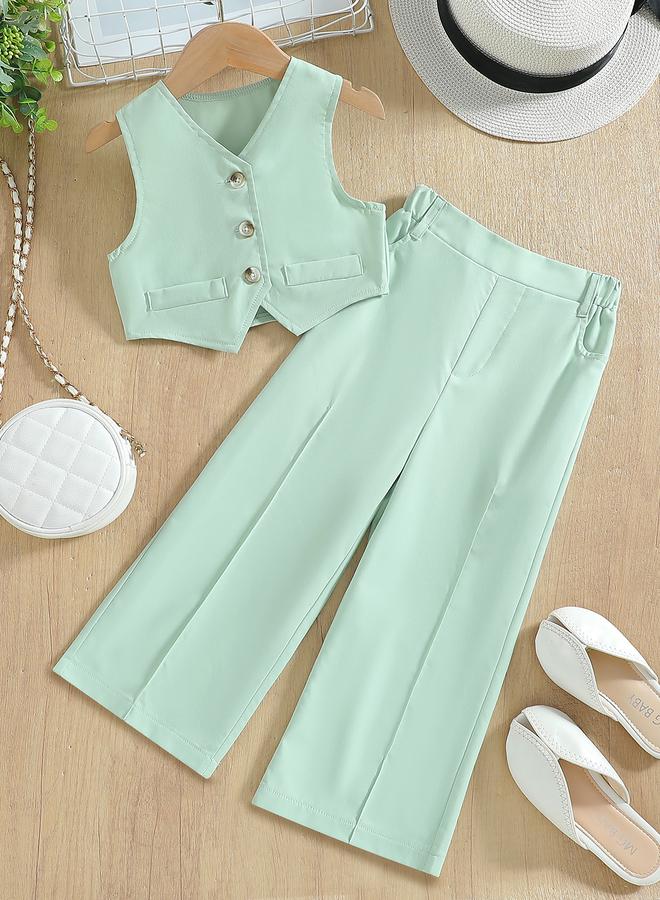 تايك تو طقم بنطلون واسع وبلوزة بفتحة صدر خضراء بلمسة زر للبنات - Image 1