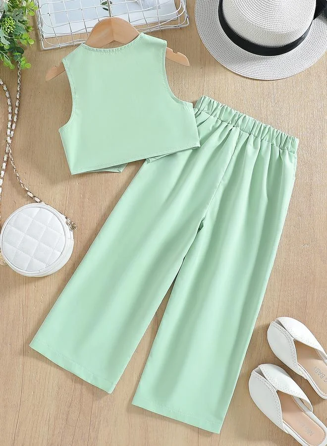 Take Two Take Two Girls Green Button Detail Vest and Wide Leg Pants Set