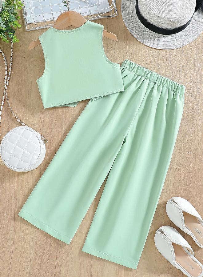 تايك تو طقم بنطلون واسع وبلوزة بفتحة صدر خضراء بلمسة زر للبنات - Image 2