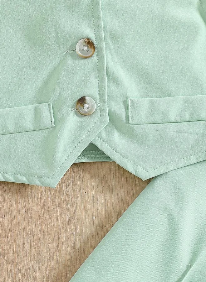 Take Two Take Two Girls Green Button Detail Vest and Wide Leg Pants Set