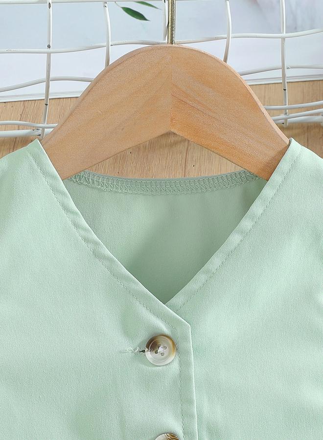 تايك تو طقم بنطلون واسع وبلوزة بفتحة صدر خضراء بلمسة زر للبنات - Image 3