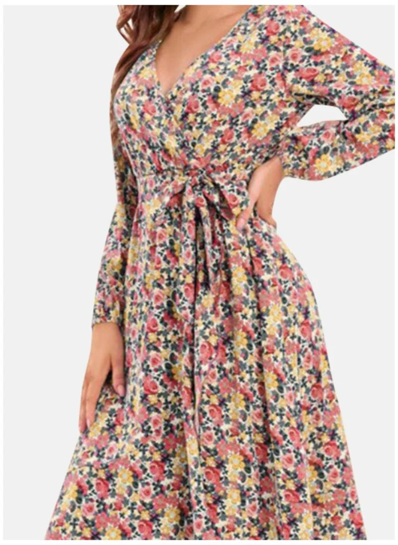 YUNIQEE Yellow & Pink Floral Printed V-Neck Puff Sleeves Gathered Fit & Flare Midi Dress