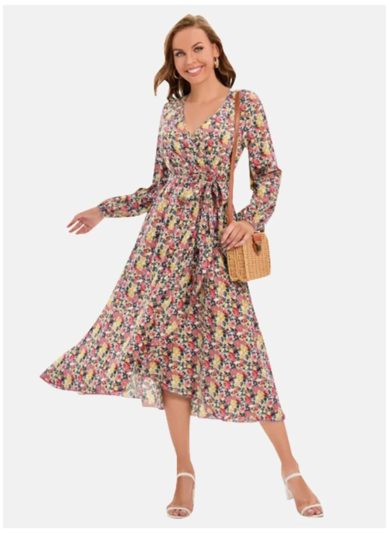 يونيكي Yellow & Pink Floral Printed V-Neck Puff Sleeves Gathered Fit & Flare Midi Dress