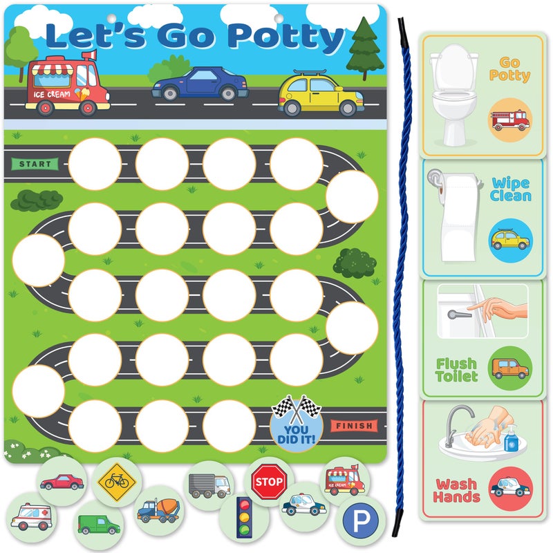 Bright Seed Reusable Magnetic Cars & Trucks Potty Training Chart, Potty Training for Boys, Potty Training Sticker Chart, Potty Training Rewards for Boys, 12x10 Inches Magnetic Chart with 28 Chips - Image 1