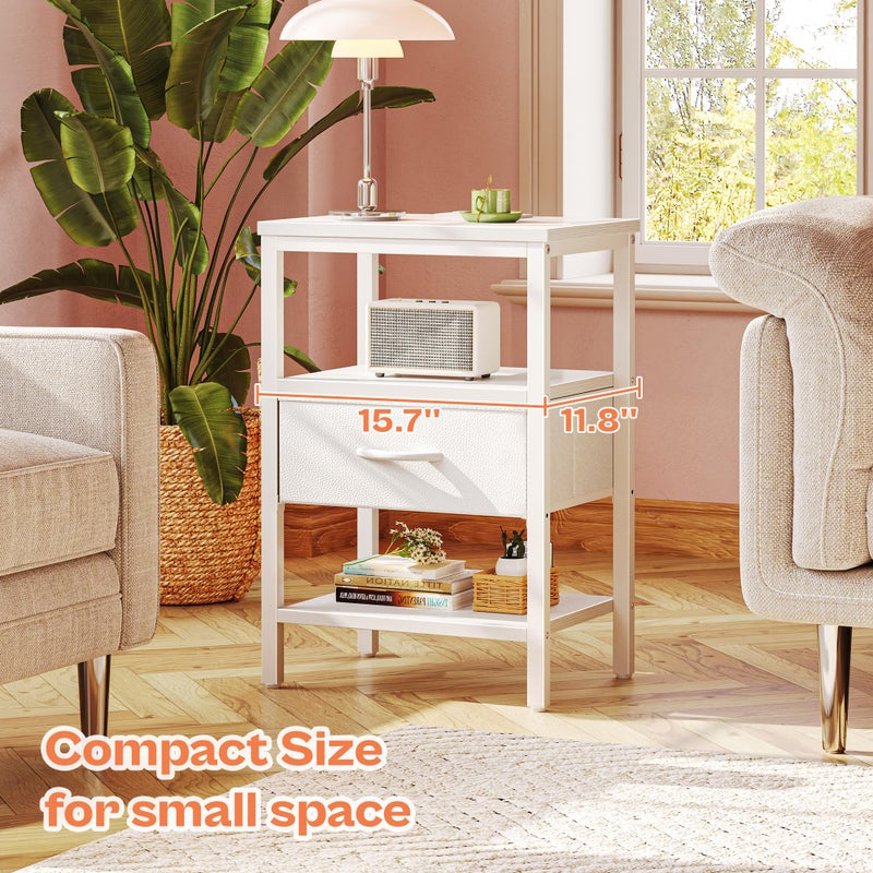 SUPERJARE Nightstand with Charging Station, Bed Side Table with Adjustable Fabric Drawer, Night Stand for Bedroom, 3-Tier Storage End Table, for Living Room, White - Image 5