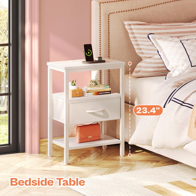 SUPERJARE Nightstand with Charging Station, Bed Side Table with Adjustable Fabric Drawer, Night Stand for Bedroom, 3-Tier Storage End Table, for Living Room, White - Image 2