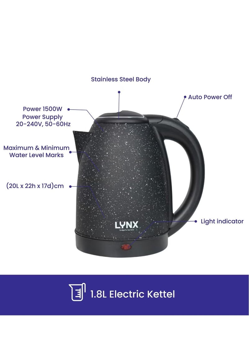 Lynx 1.8L Electric Kettle 1500W | Stainless Steel, Concealed Heating Element, Auto Shut-Off, Boil-Dry Protection & 360° Swivel Base | KT-2104 Black - Image 5