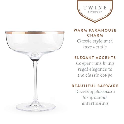 Twine Copper Rimmed Crystal Coupe Cocktail Glasses, Perfect for Martini, Champagne, Cosmopolitan, Manhattan, Home Bar Accessories, 10 oz, Set of 2 - Image 3