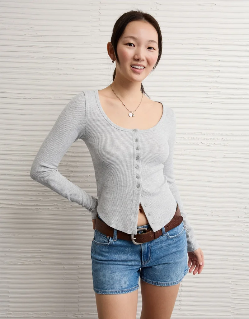 AE Waffle Long Sleeve Button-Up Tee