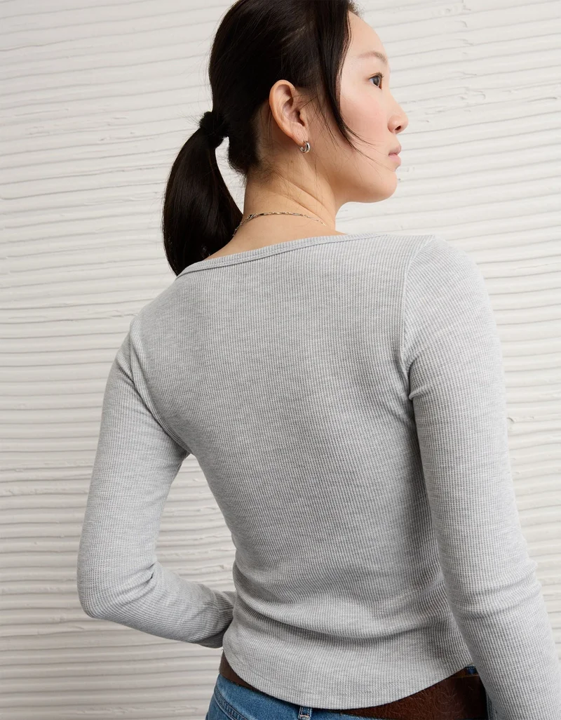 American Eagle  AE Waffle Long Sleeve Button-Up Tee for Women | Best Price UAE