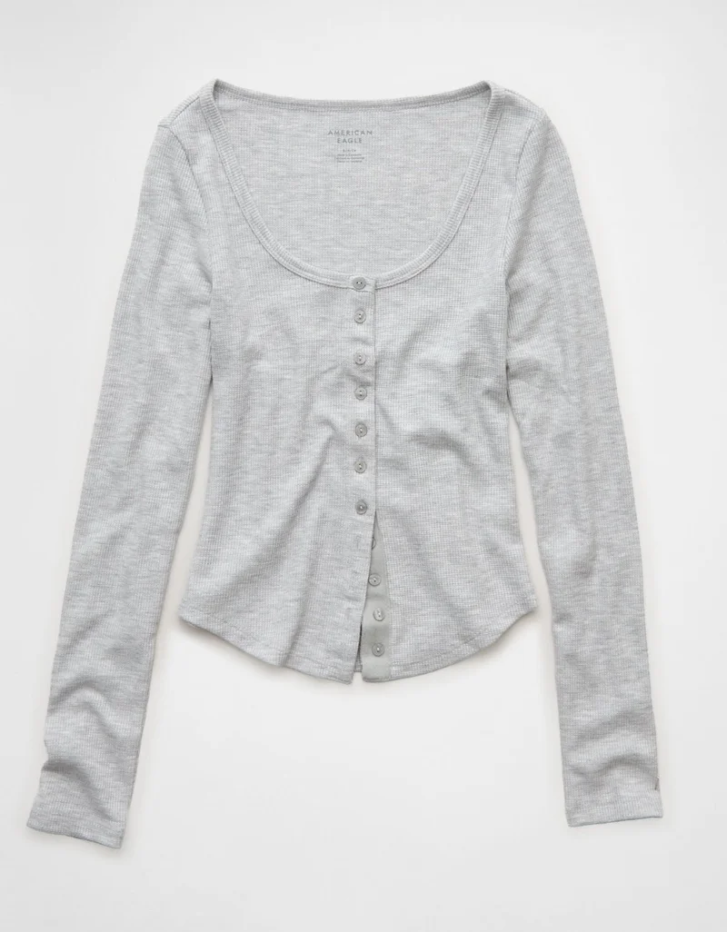 American Eagle  AE Waffle Long Sleeve Button-Up Tee for Women | Best Price UAE