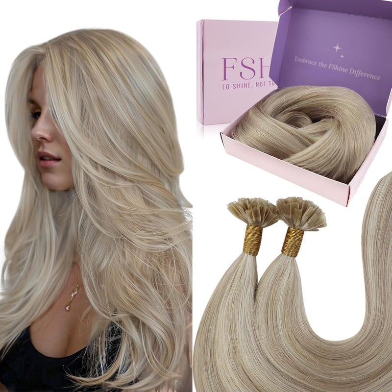Fshine K Tip Hair Extensions Real Human Hair Pre Bonded Fusion Hair Extensions Ash Blonde Mixed with Bleach Blond Highlighted Straight Hair Extensions 50g50s 20 Inch U Tip Extensions