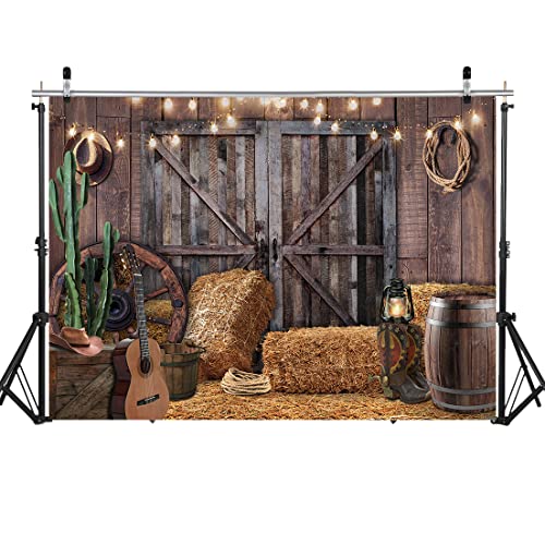WOLADA Western Cowboy Theme Photography Backdrop Rustic Barn Door with Hay Bales Cactus Guitar String Lights Ideal for Country Style Photo Shoots Parties Studio Props 7x5FT 12534 - Image 3