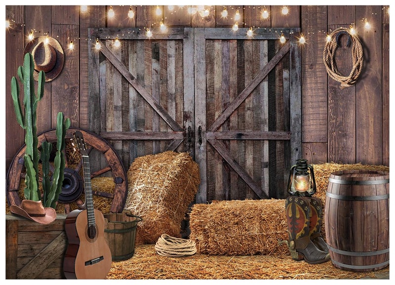WOLADA Western Cowboy Theme Photography Backdrop Rustic Barn Door with Hay Bales Cactus Guitar String Lights Ideal for Country Style Photo Shoots Parties Studio Props 7x5FT 12534 - Image 2