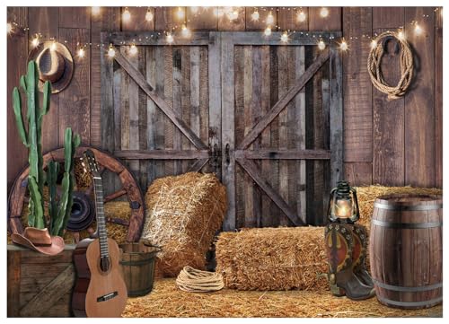 WOLADA Western Cowboy Theme Photography Backdrop Rustic Barn Door with Hay Bales Cactus Guitar String Lights Ideal for Country Style Photo Shoots Parties Studio Props 7x5FT 12534 - Image 1
