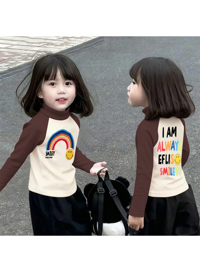 Girls' Thermal Base Layer Top Autumn And Winternew Style For Older Children, Half Turtleneck, Warm Inner Layer, Color-blocking Long Sleeves