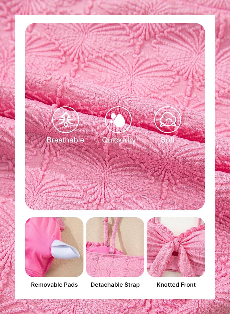 Herseas Women's Seashell Textured Two Piece Pink Bikini Sets Knotted Front Push Up Cutout Swimsuits Ruffle Trim Padded Bathing Suits Cute Swimwear for Teens XX-Large - Image 5