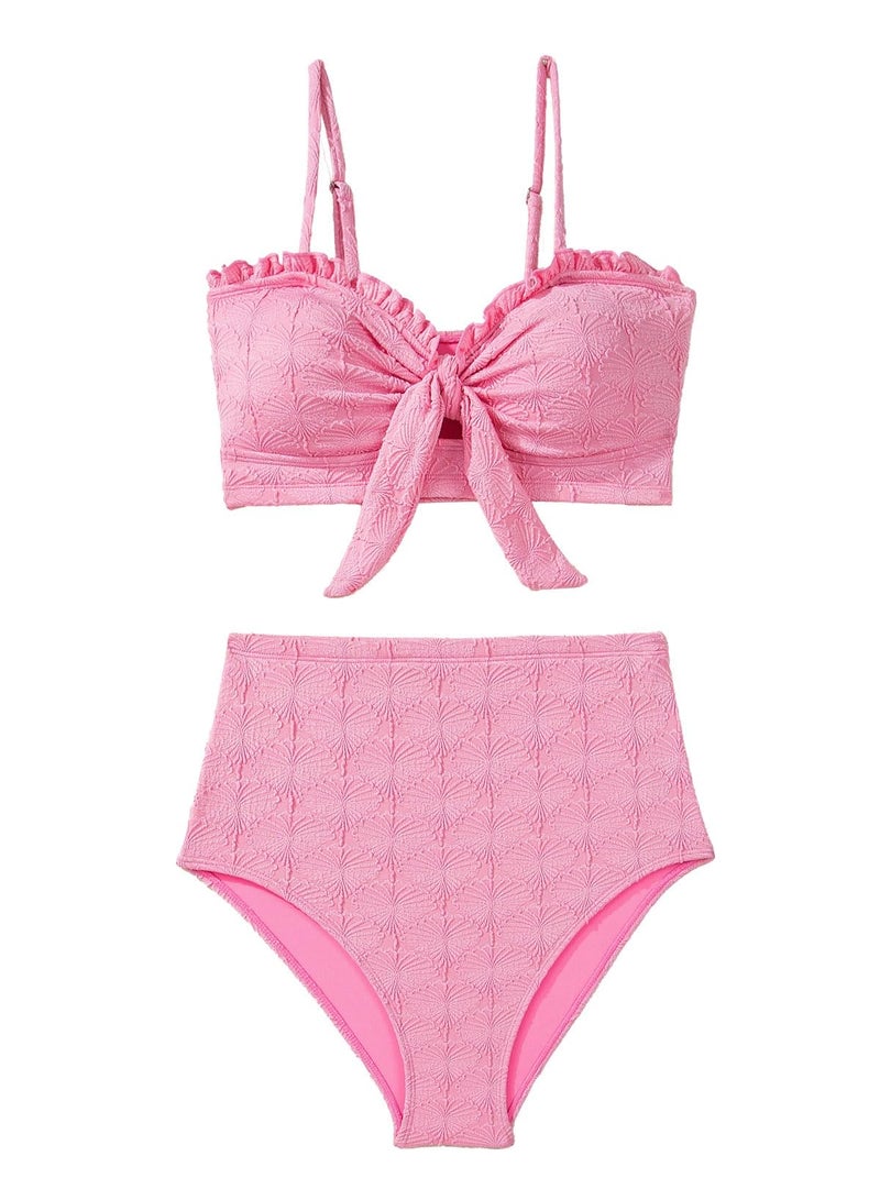 Herseas Women's Seashell Textured Two Piece Pink Bikini Sets Knotted Front Push Up Cutout Swimsuits Ruffle Trim Padded Bathing Suits Cute Swimwear for Teens XX-Large - Image 4