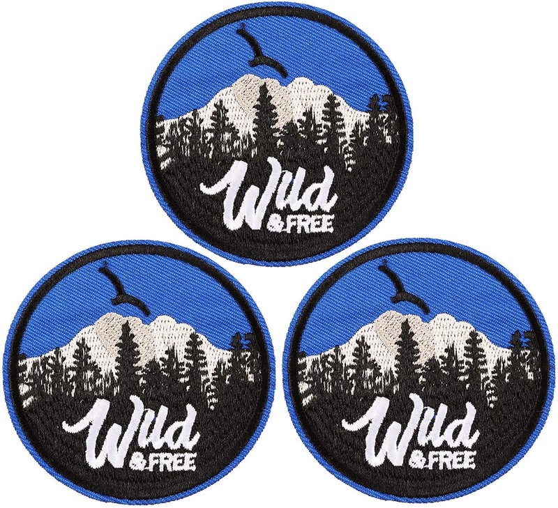 U-Sky Sew or Iron on Embroidered Patches | Mountain Forest Landscape with Wild & Free Text | Outdoor Nature Design | Hikers Campers Nature Lovers | Jackets Backpacks Hats | 2.83x2.83inch 3PCs - Image 1